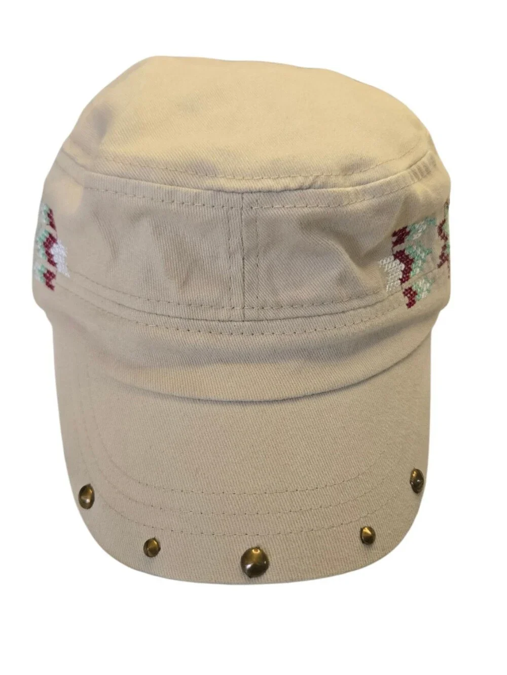 🧢 Southwestern Embroidered Military Cap | Studded Brim | Adjustable One Size |